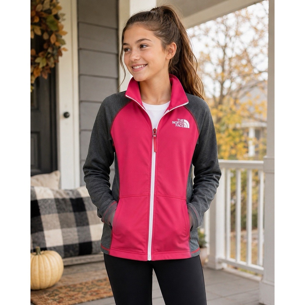 The North Face Girls L 14/16 Pink Gray Full Zip‎ Jacket Athletic Logo